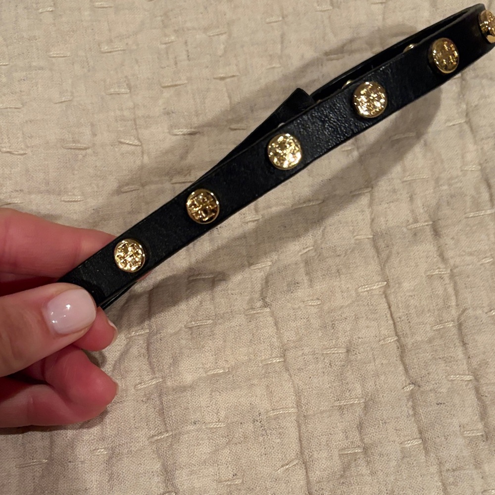 Tory Burch Black Leather Bracelet with Gold Studs